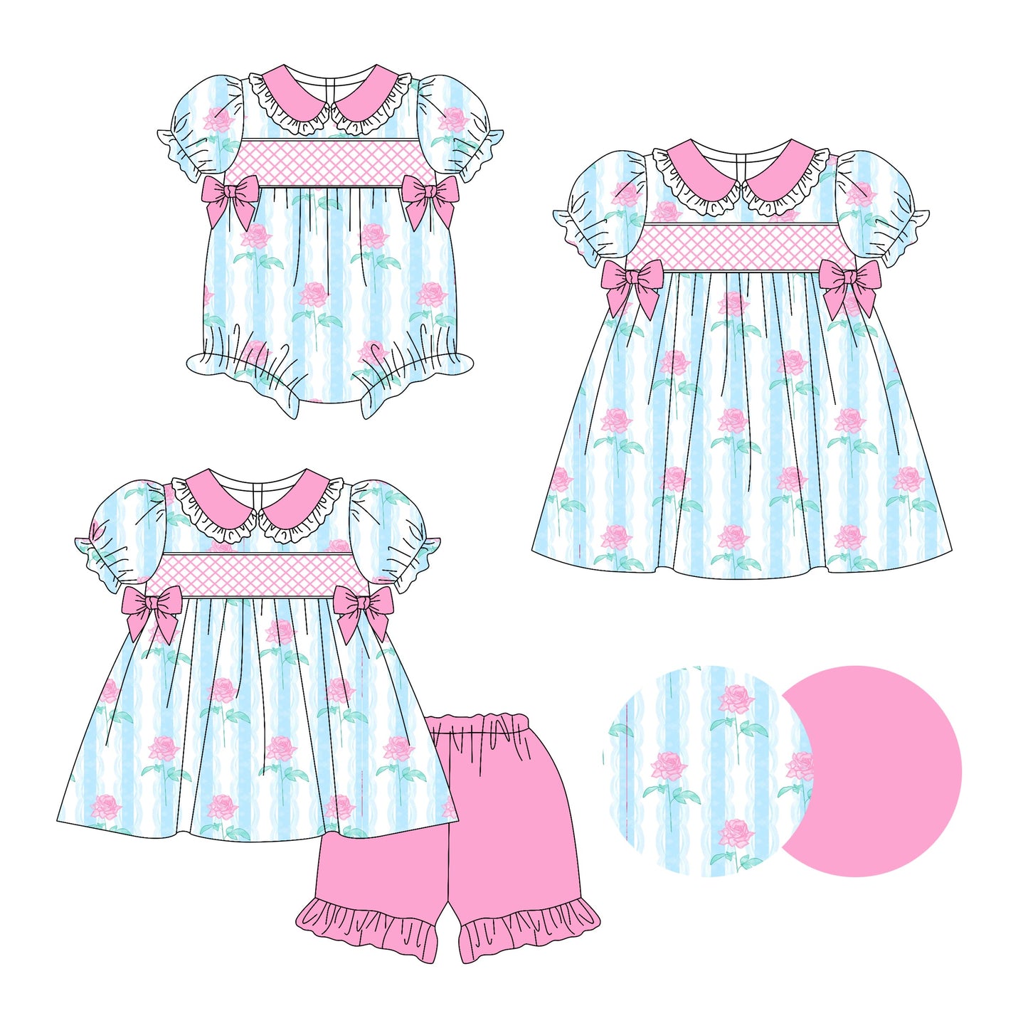 Baby Girl Short Sleeves Flower Strips Bows Sibling Romper Dress Set ( Moq 5 Each Style ) 3.14