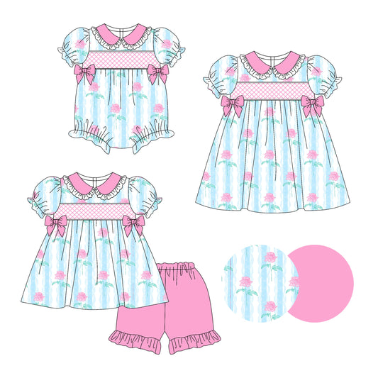 Baby Girl Short Sleeves Flower Strips Bows Sibling Romper Dress Set ( Moq 5 Each Style ) 3.14