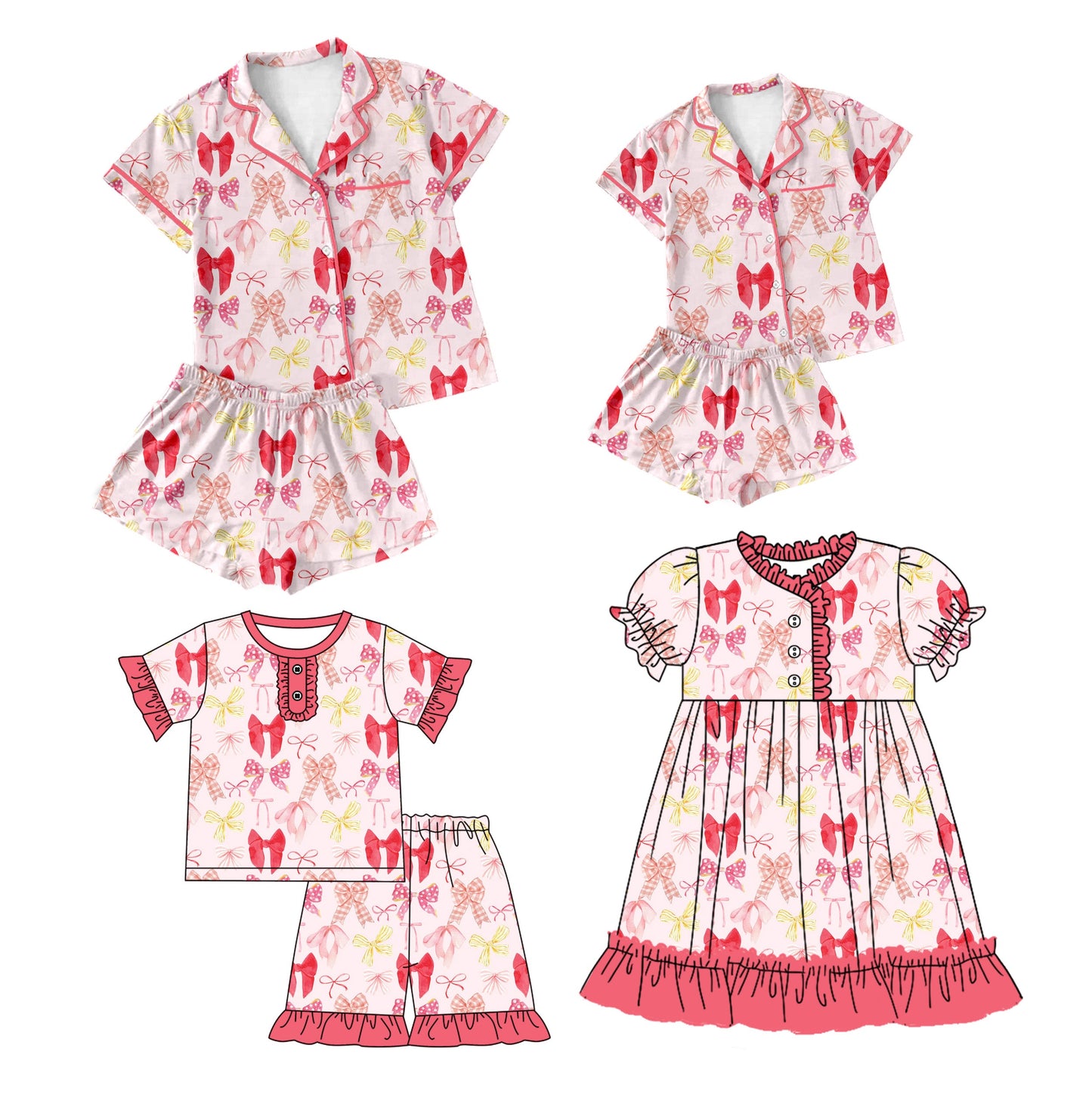 Baby Girl Toddler Adult Women Short Sleeves Bows Sibling Family Dress Pajamas Set ( Moq 5 Each Style ) 12.11