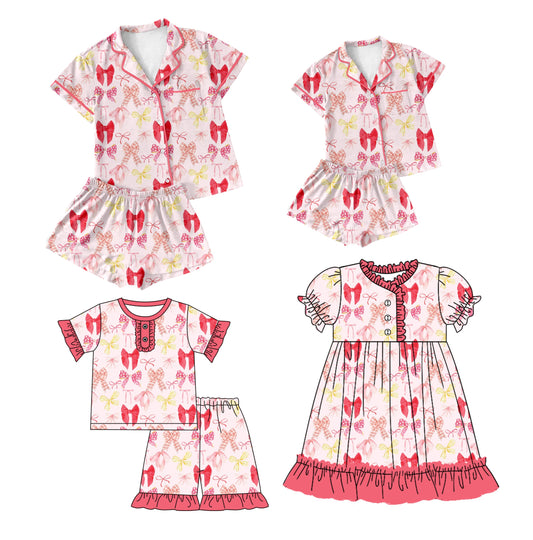 Baby Girl Toddler Adult Women Short Sleeves Bows Sibling Family Dress Pajamas Set ( Moq 5 Each Style ) 12.11