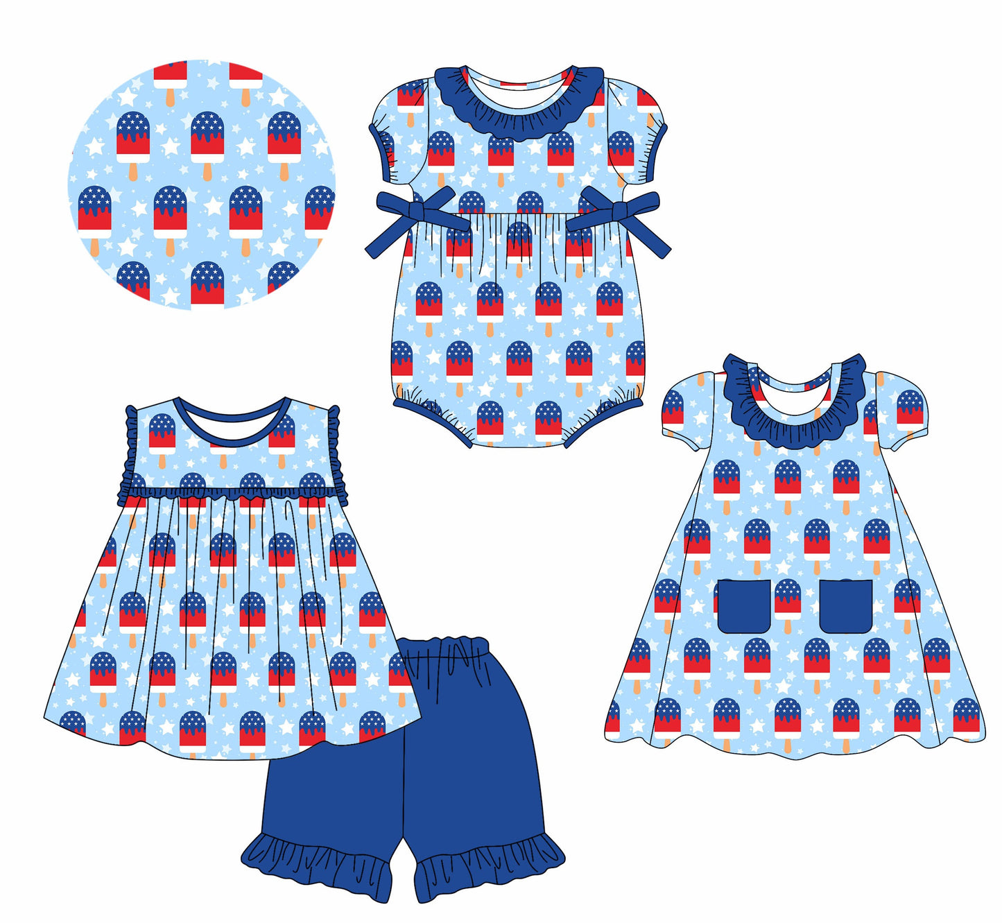 Baby Girl Popsicles July 4th Sibling Romper Dress Set ( Moq 5 Each Style ) 2.11