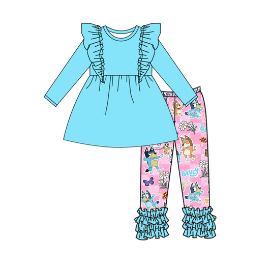 Baby Girl Long Sleeves Blue Cotton Ruffle Tunic Dogs Flower Ruffle Pants Set