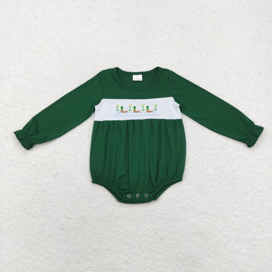 Baby Girl Green Embroidery Ducks Long Sleeves Bubble Romper