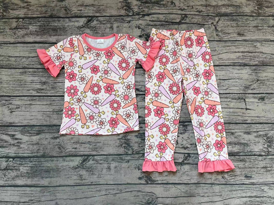 No moq Pre-order GSPO1017 Easter Baby Girl Carrot Floral Shirt Pants Pajamas Set