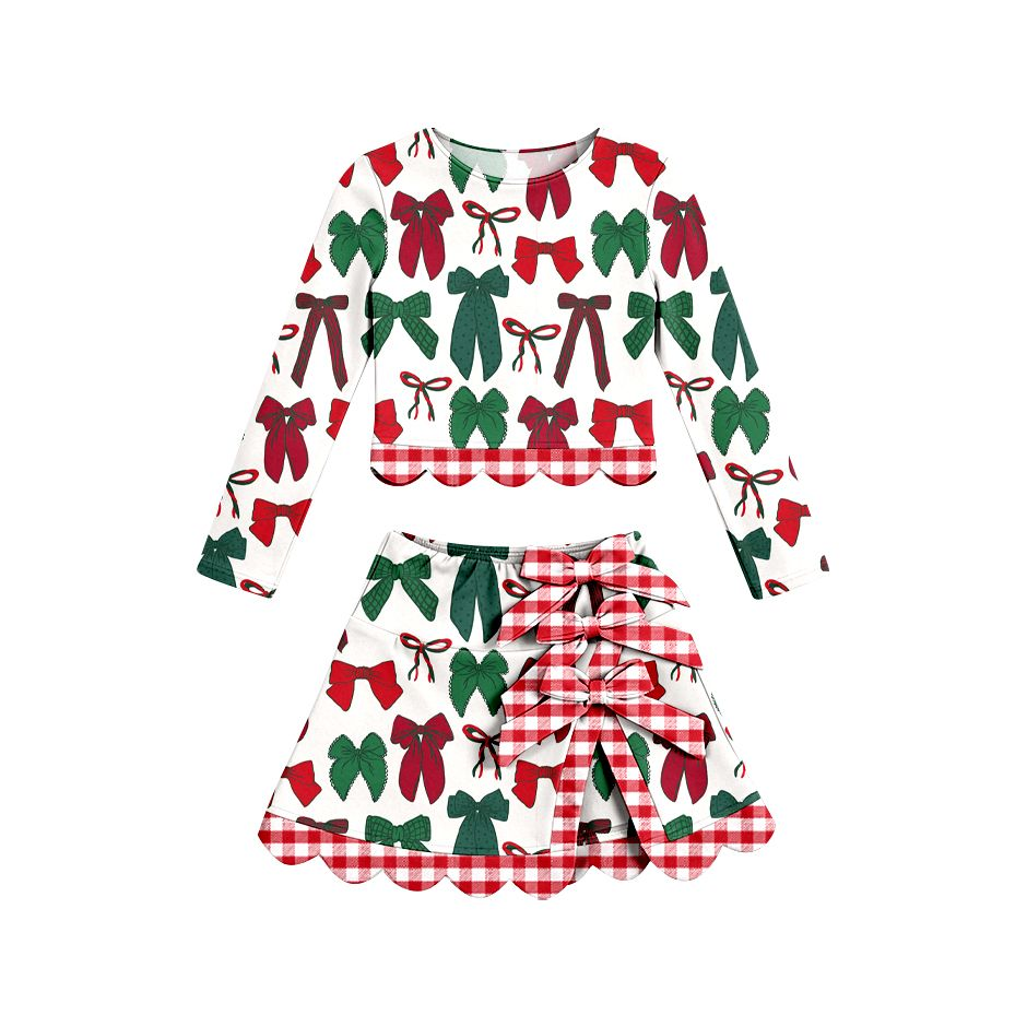 ( Moq 5 ) Preorder Baby Girls Kids Christmas Bows Shirt Scallop Skirt Shorts Yoga Active Set Clothes