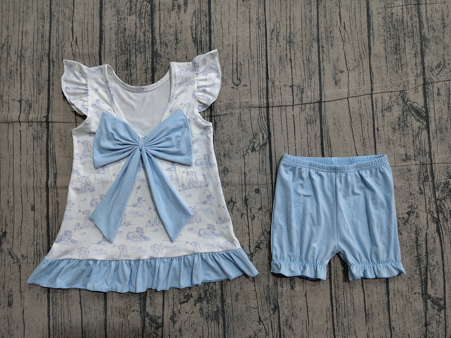 Baby Girls Kids Sleeveless Dogs Tops Blue Shorts Clothes Set RTS