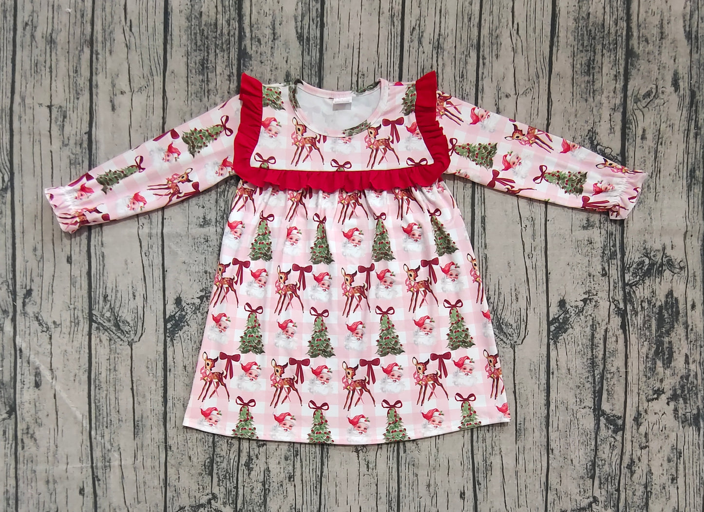 Baby Girl Long Sleeves Santa Trees Christmas Knee Length Dress RTS