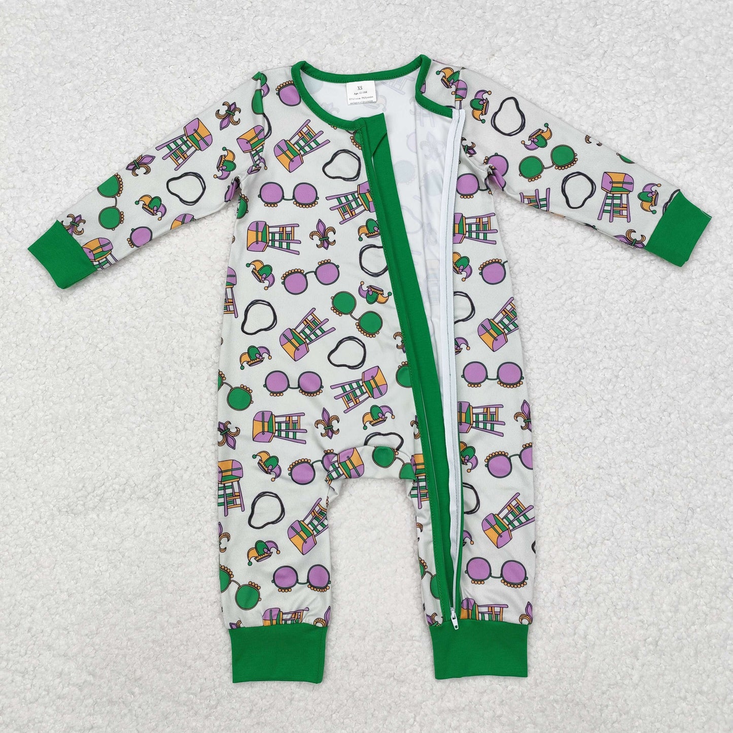 Baby Boy Infant Long Sleeves Mardi Gras Zipper Green Romper