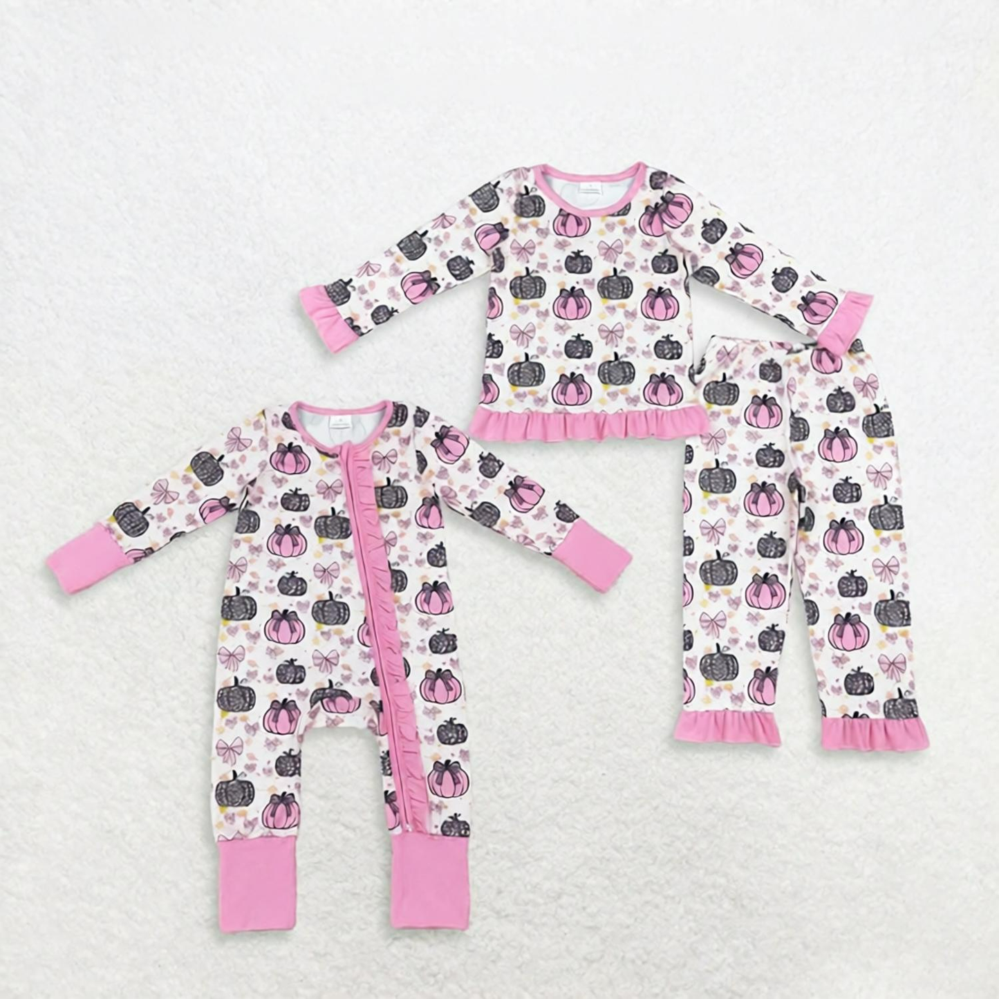 Sibling Baby Girls Kids Leopard Pumpkins Bows Zipper Footie Romper Pajamas Set Fall Clothes RTS