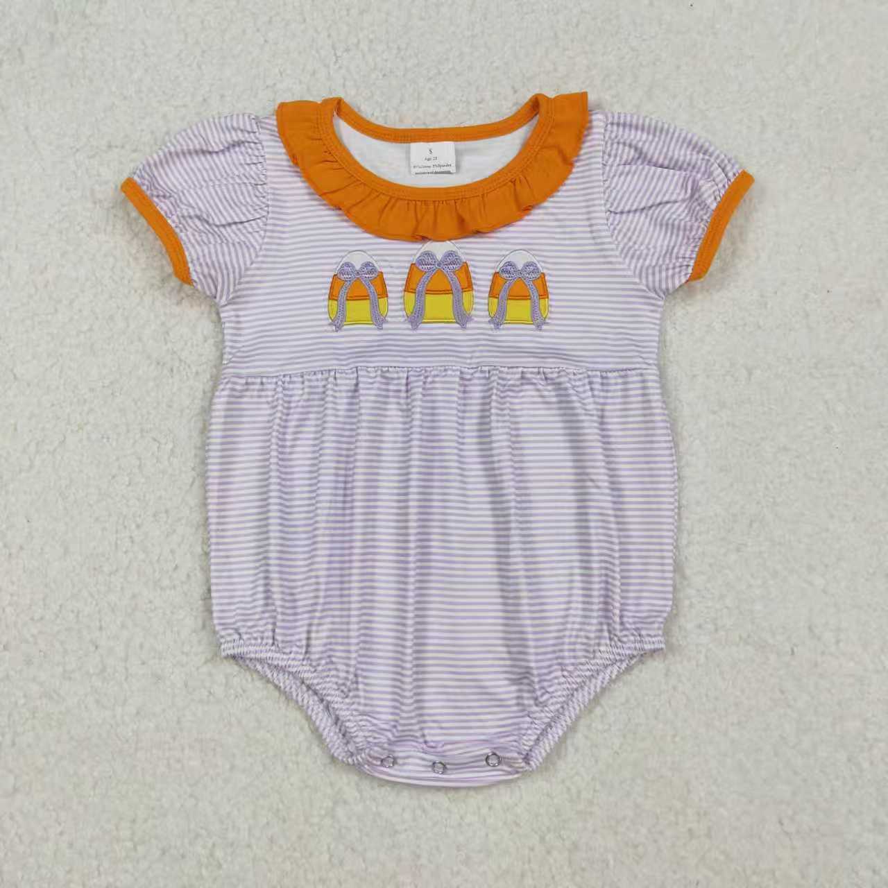 Sibling Girls Kids Short Sleeves Embroidery Candy Corn Bows Purple Stripes Halloween Romper Dress RTS