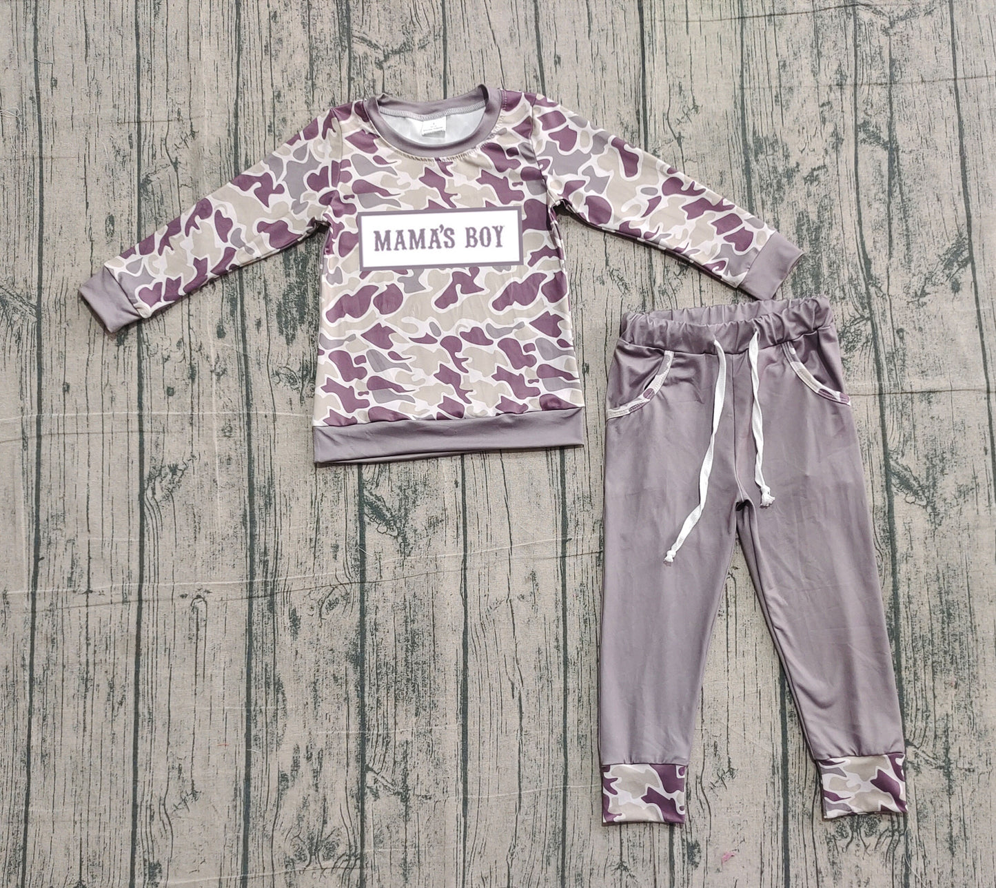 ( No moq ) Preorder Baby Boys Kids Long Sleeves Embroidery Mama's Boy Shirt Pockets Pants Camo Set