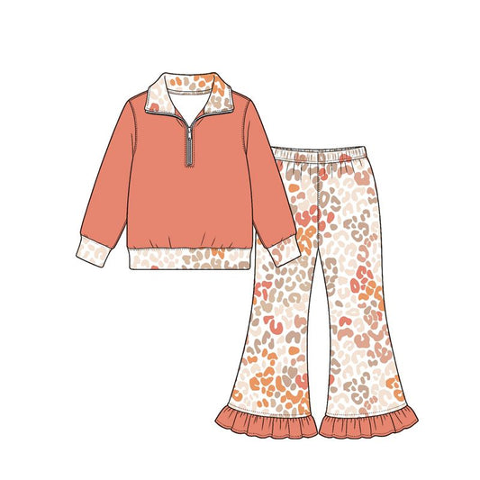 ( Moq 5 ) Preorder Baby Girls Kids Long Sleeves Zipper Orange Shirt Leopard Ruffle Pants Set Clothes