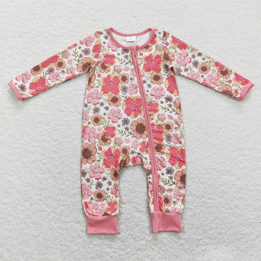 LR0895 Baby Girl Long Sleeves Floral Zipper One Piece Romper