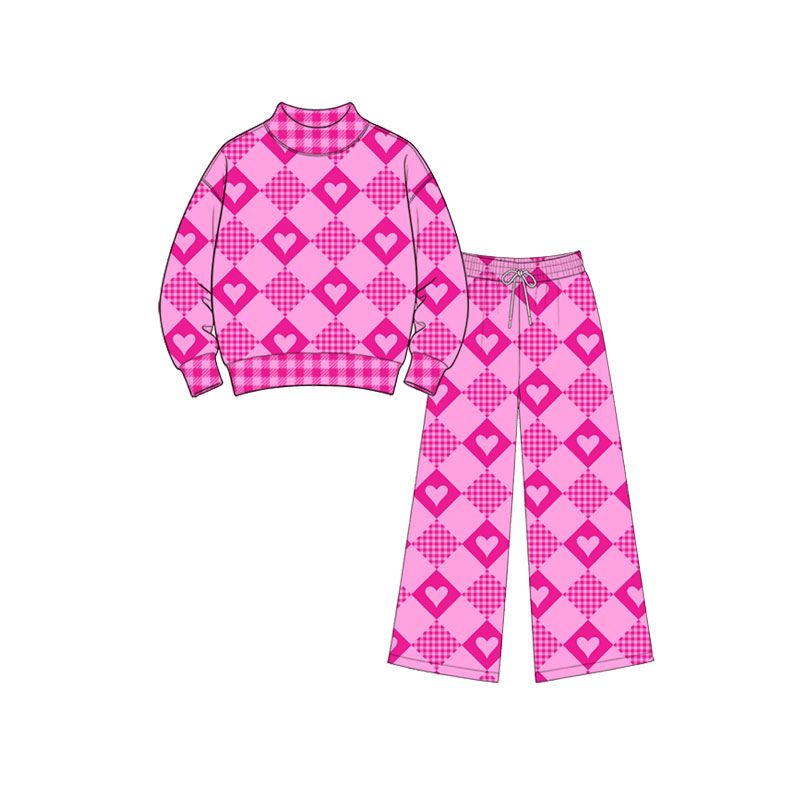 ( Moq 5 ) Preorder Baby Girls Kids Long Sleeves Hearts Checked Shirt Pants Valentine Set Clothes