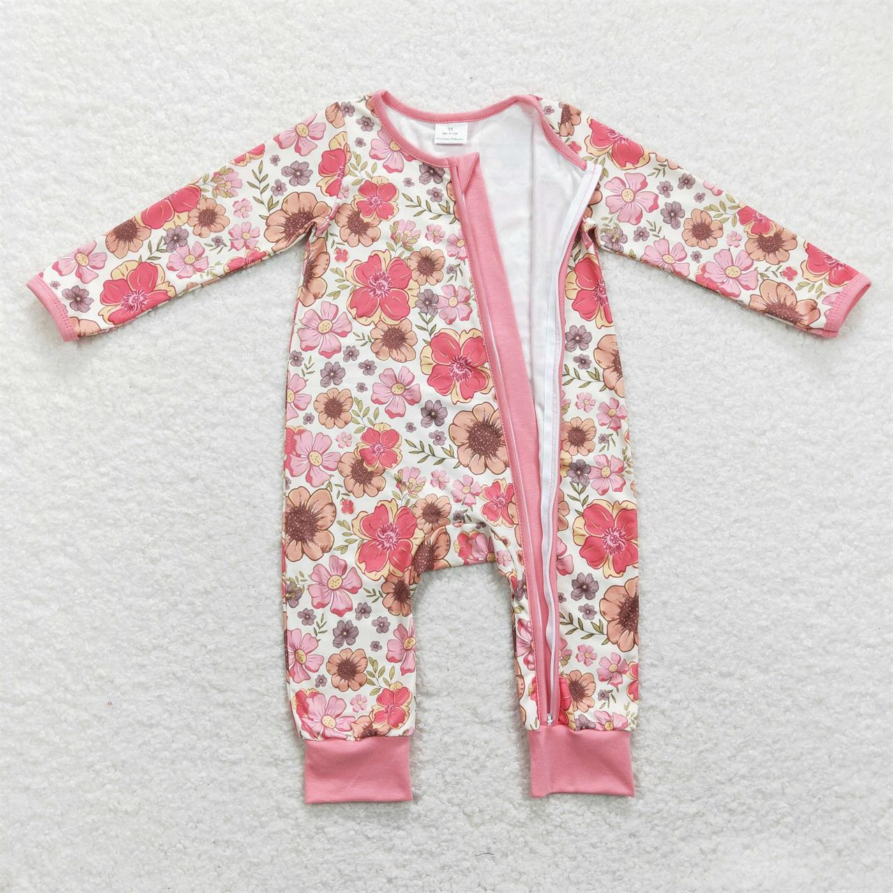 LR0895 Baby Girl Long Sleeves Floral Zipper One Piece Romper