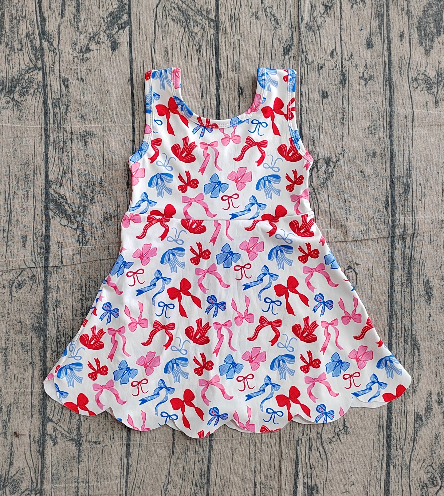 Baby Girls Kids Sleeveless Bows 4th of July Shorts Scallop Knee Length Dress RTS
