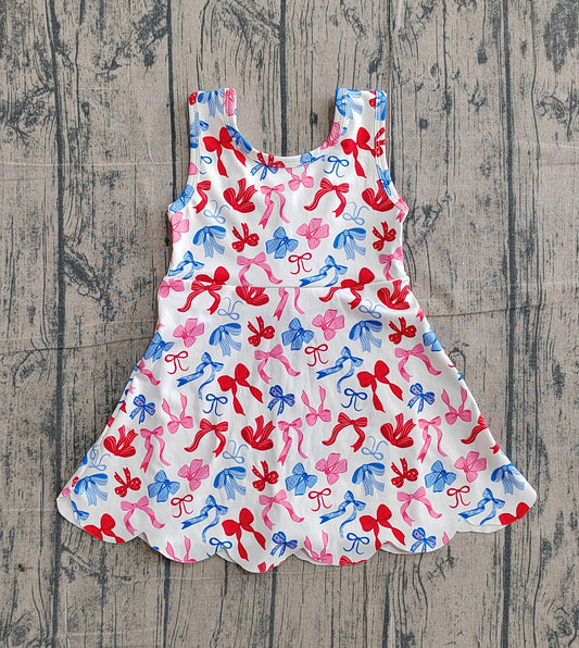 ( No moq ) Preorder Baby Girls Kids Sleeveless Bows 4th of July Shorts Scallop Knee Length Dress