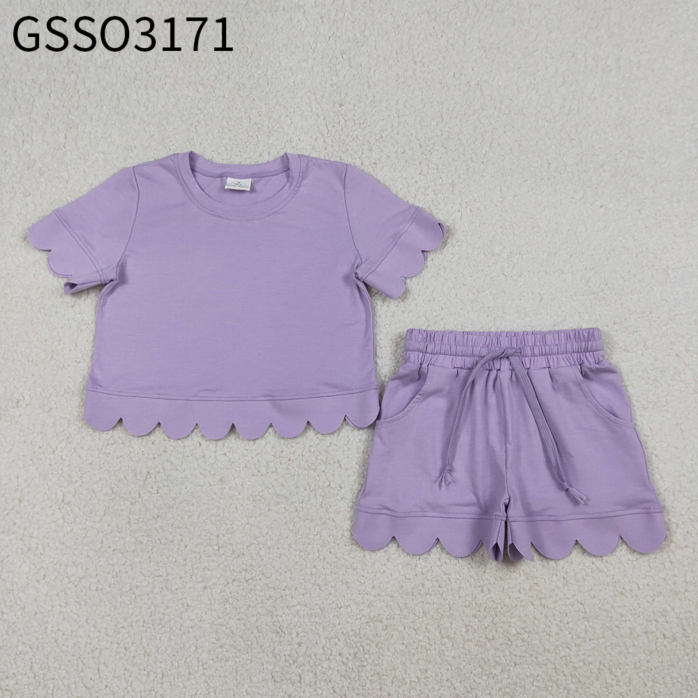Baby Girls Short Sleeves Purple Shirt Scallop Shorts Summer Clothes Set RTS