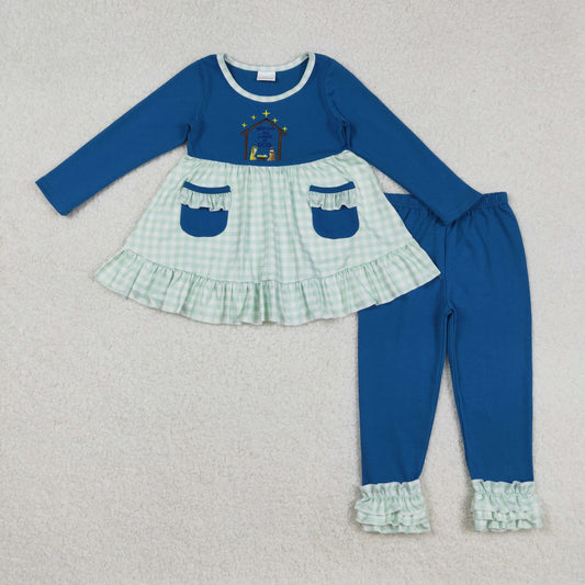Baby Girl Infant Long Sleeves Embroidery Nativity Plaid Pockets Tunic Ruffle Pants Christmas Set RTS
