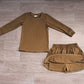 ( No moq ) Preorder Baby Girls Kids Long Sleeves Olive Shirt Pockets Skirt Shorts Cotton Set Clothes