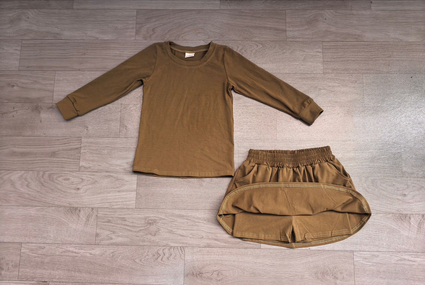 ( No moq ) Preorder Baby Girls Kids Long Sleeves Olive Shirt Pockets Skirt Shorts Cotton Set Clothes