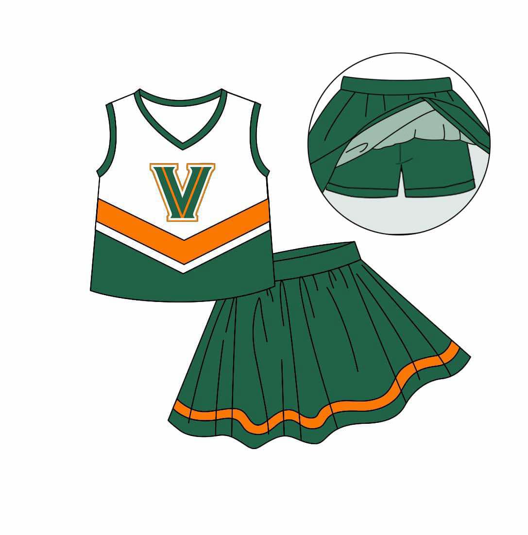 Baby Girl Kids Toddler Sleeveless V Shirt Green Skirt Shorts Skort Clothes Team Cheer Set ( Moq 5 )