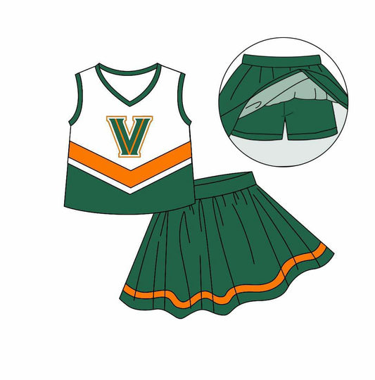 Baby Girl Kids Toddler Sleeveless V Shirt Green Skirt Shorts Skort Clothes Team Cheer Set ( Moq 5 )