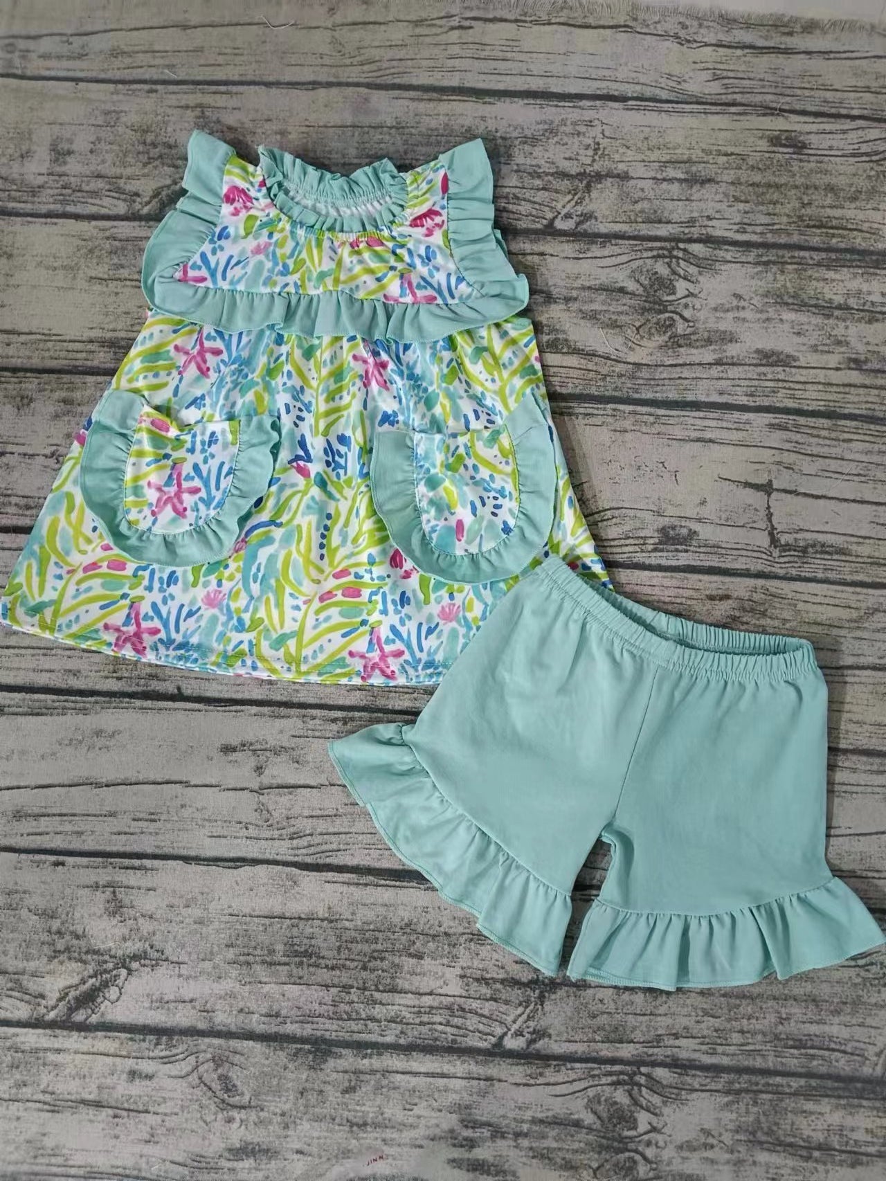 Moq 5 Baby Girl Pocket Ruffle Tops Green Cotton Shorts Set