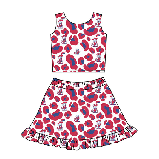 ( Moq 5 ) Baby Girls Kids Sleeveless Red Blue Leopard Football Tops Shorts Skirt Team Clothes Set