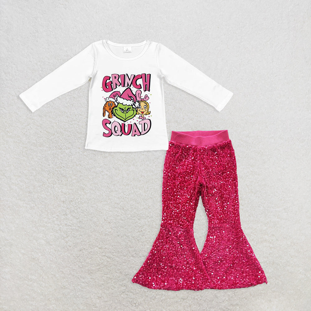 Baby Girl Long Sleeves Christmas Green Face Shirt Pink Sequins Pants Set RTS