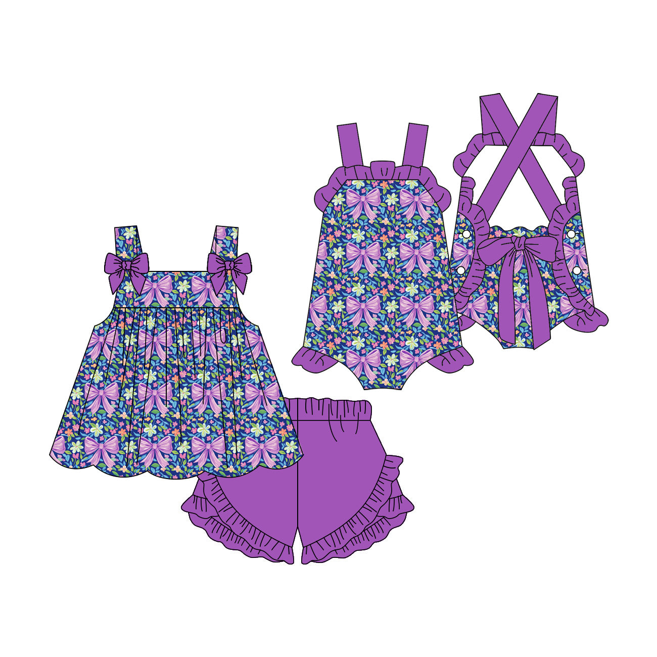 ( Moq 5 Each Style ) Sibling Baby Girls Kids Purple Bows Flower Romper Set Clothes