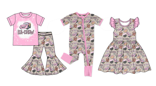 Baby Girl Short Sleeves Car Cartoon Sibling Romper Dress Set ( Moq 5 Each Style ) 12.25