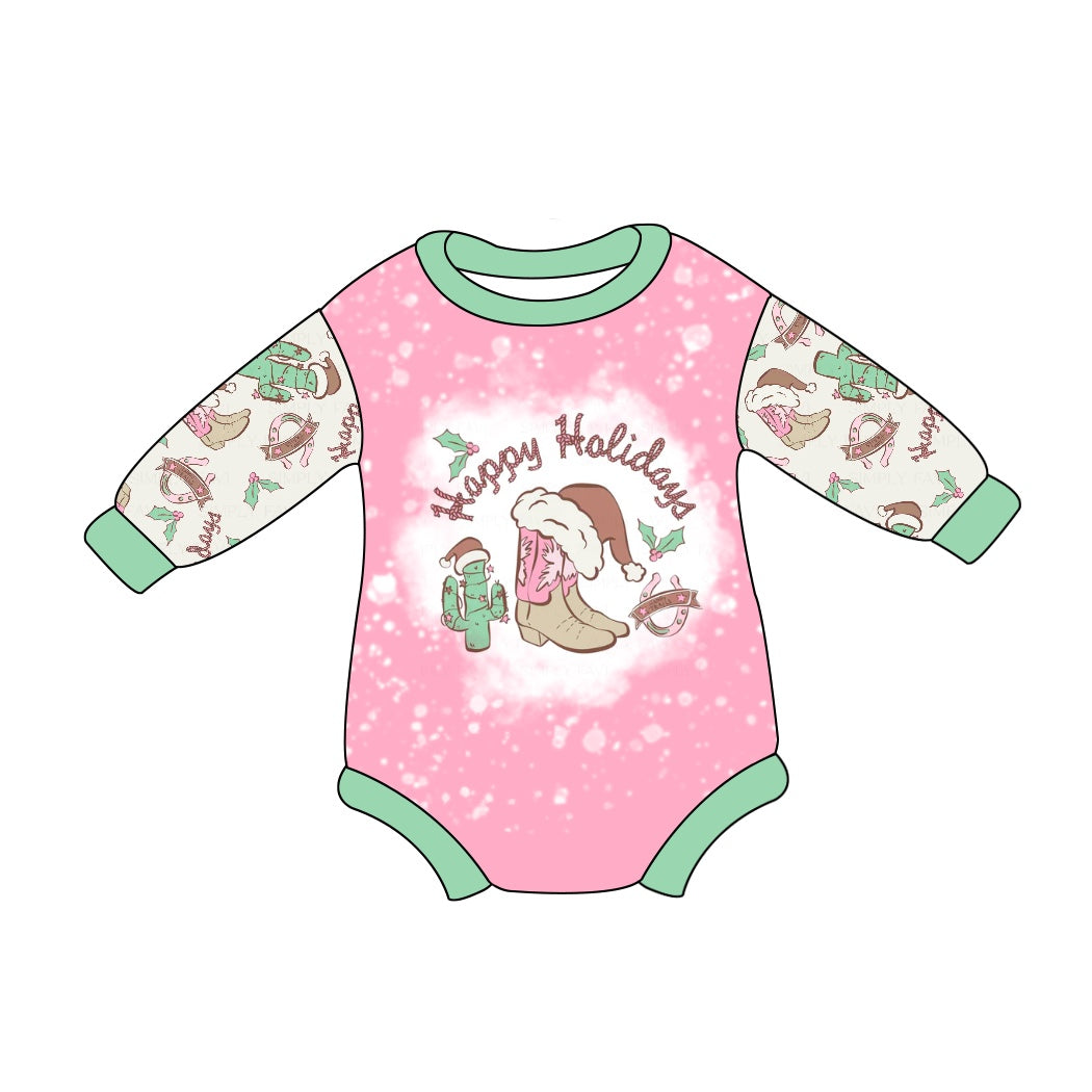 Baby Girl Infant Christmas Boots Cactus Bubble Pink Romper