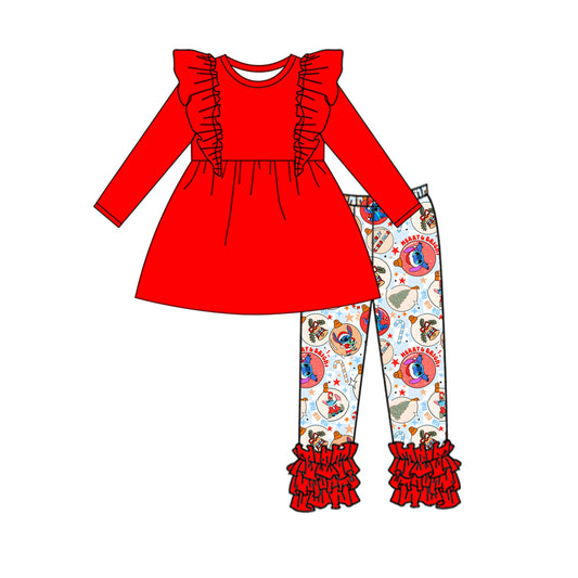 Baby Girl Long Sleeves Red Cotton Ruffle Tunic Christmas Cartoon Ruffle Pants Set