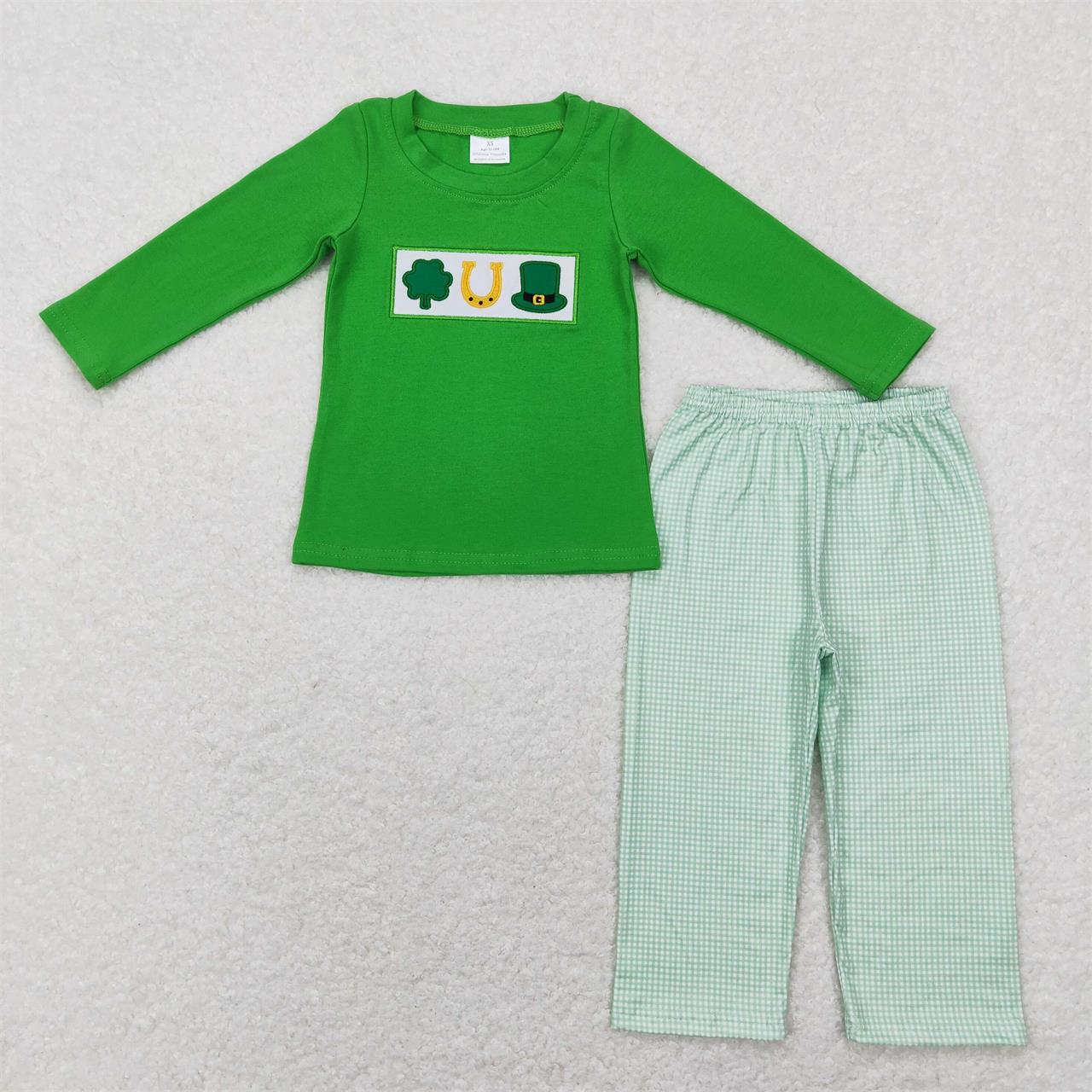 BLP0376 Baby Boy Embroidery St Patrick Day Shirt Plaid Pants Green Set