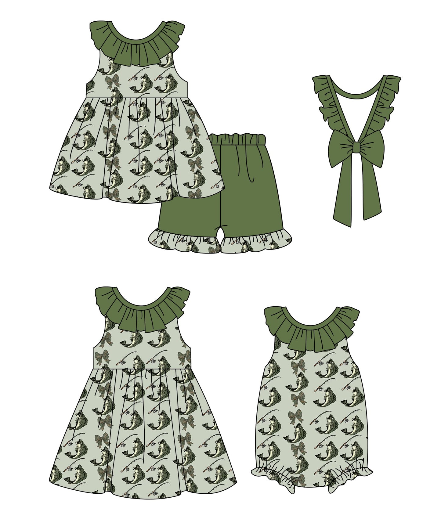 Baby Girl Fishing Green Sibling Romper Dress Set ( Moq 5 Each Style ) 1.11