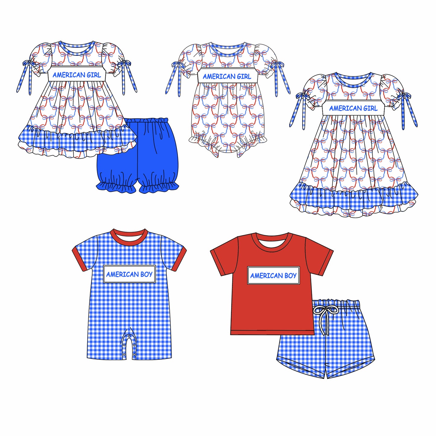 American Boy Girl July 4th Bows Sibling Dress Romper Clothes Set ( Moq 5 Each style )11.25