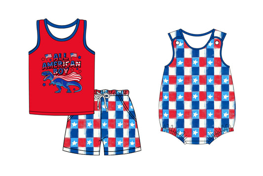 Baby Boy Sleeveless July 4th Dinosaur Checked Sibling Romper Set ( Moq 5 Each Style ) 3.1