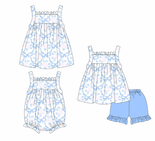 Baby Girl Flower Blue Bows Sibling Romper Dress Set ( Moq 5 Each Style ) 1.18