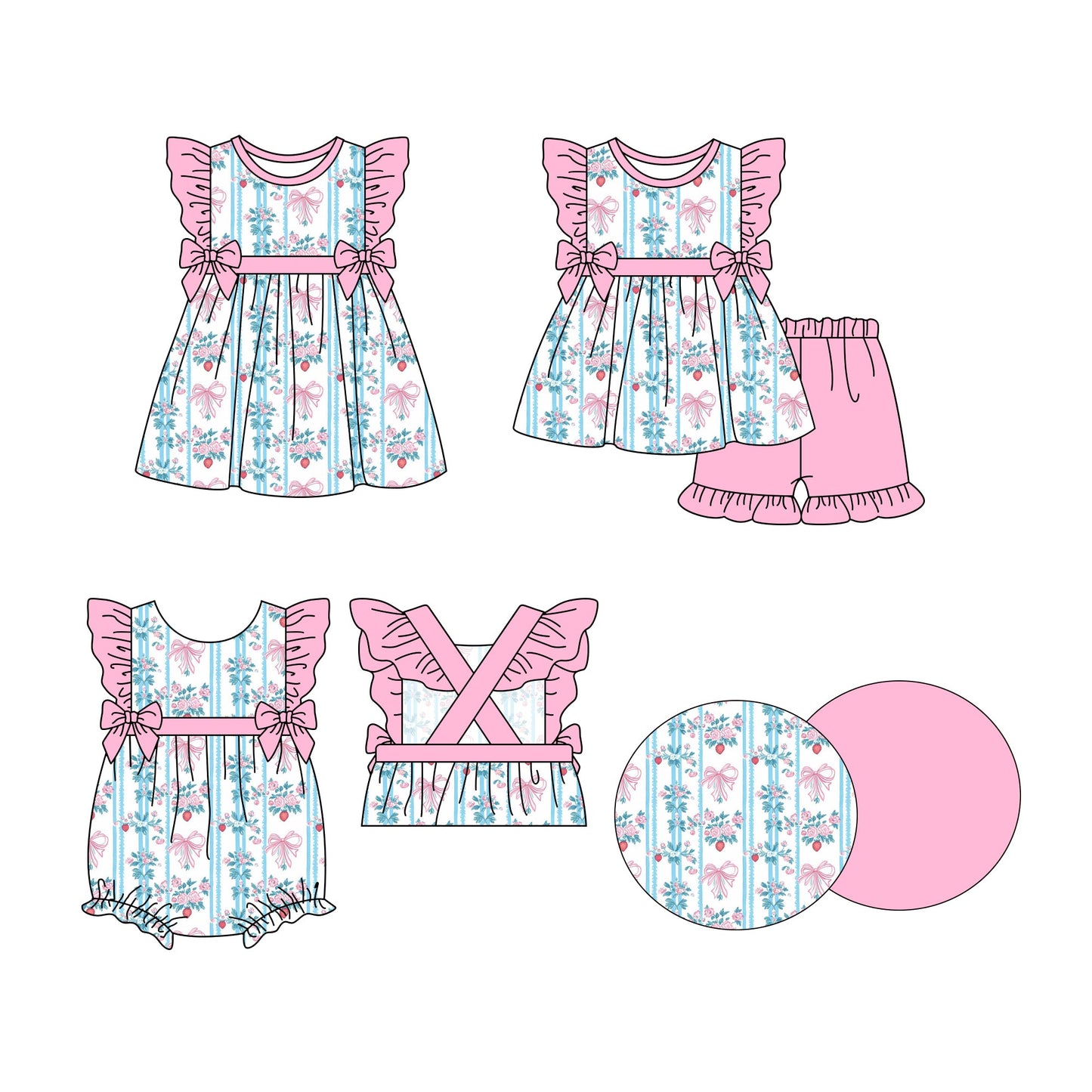 ( Moq 5 Each Style ) Baby Girl Short Sleeves Flower Bows Sibling Romper Dress Set 3.27