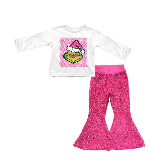 Baby Girl Long Sleeves Christmas Face Shirt Pink Sequins Pants Set