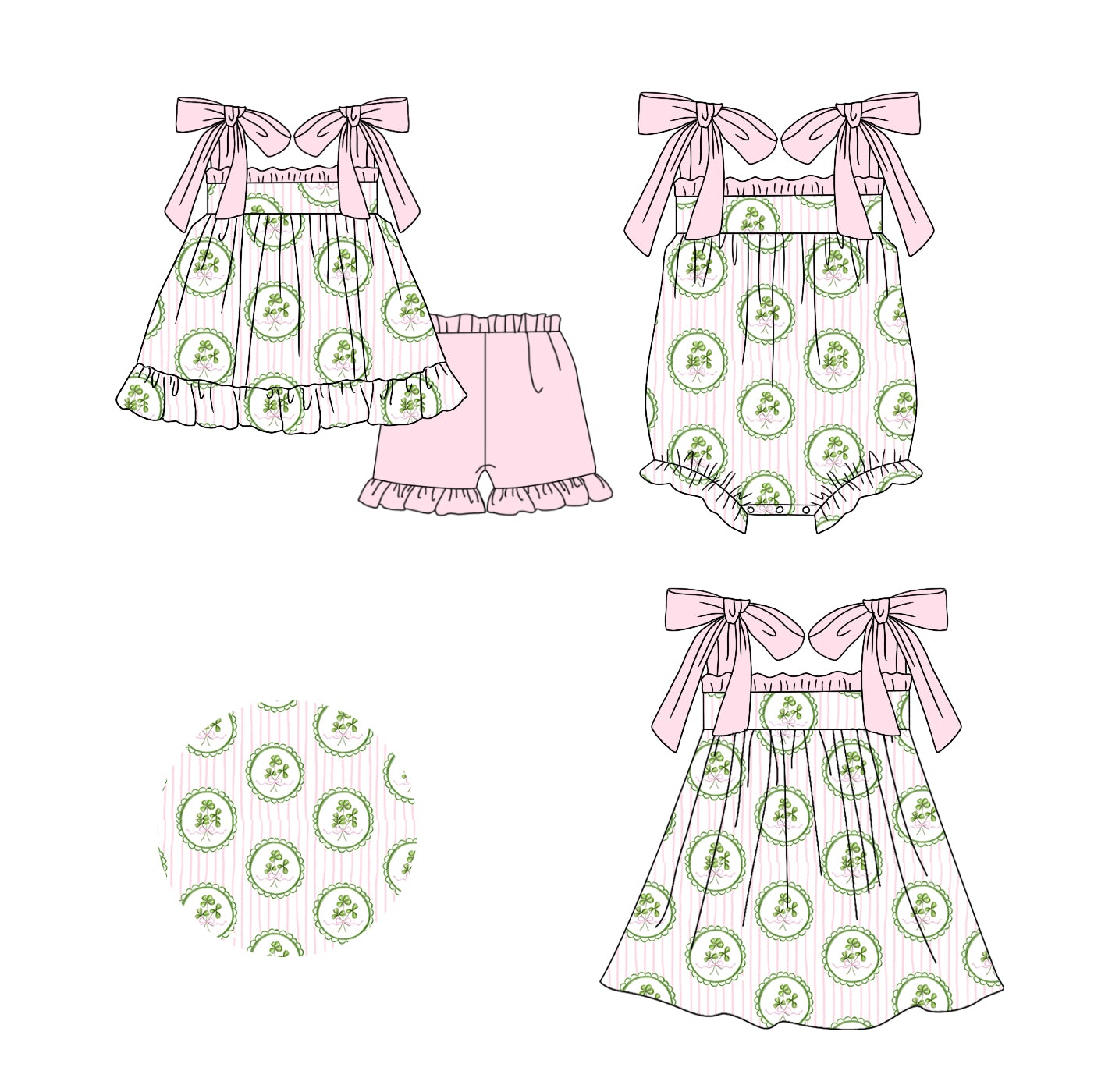 Baby Girl St Patrick Clover Sibling Pink Romper Dress Clothes Set ( Moq 5 Each Design )