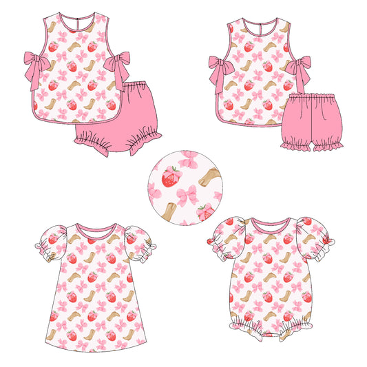 Baby Girl Strawberry Bows Boots Sibling Matching Dress Romper Pink Clothes Set ( Moq 5 Each style )