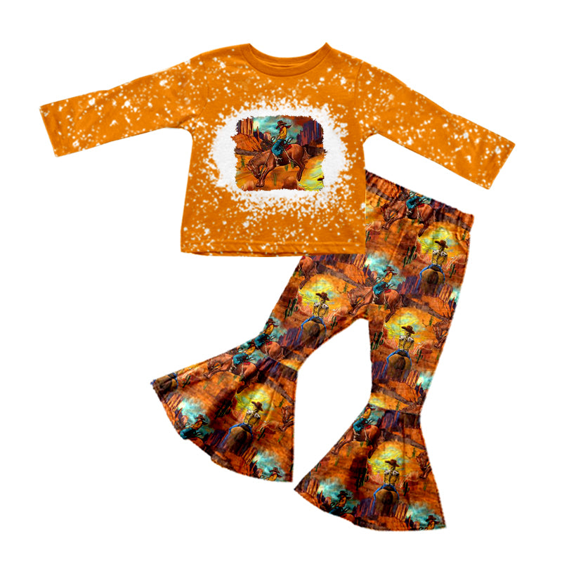 Baby Girl Toddler Orange Long Sleeves Rodeo Shirt Bell Pants Western Set