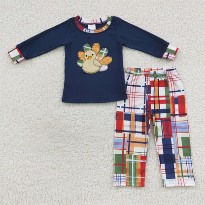 BLP0191 Baby Girl Long Sleeves Shirt Plaid Pants Embroidery turkey Thanksgiving Outfit Pajamas