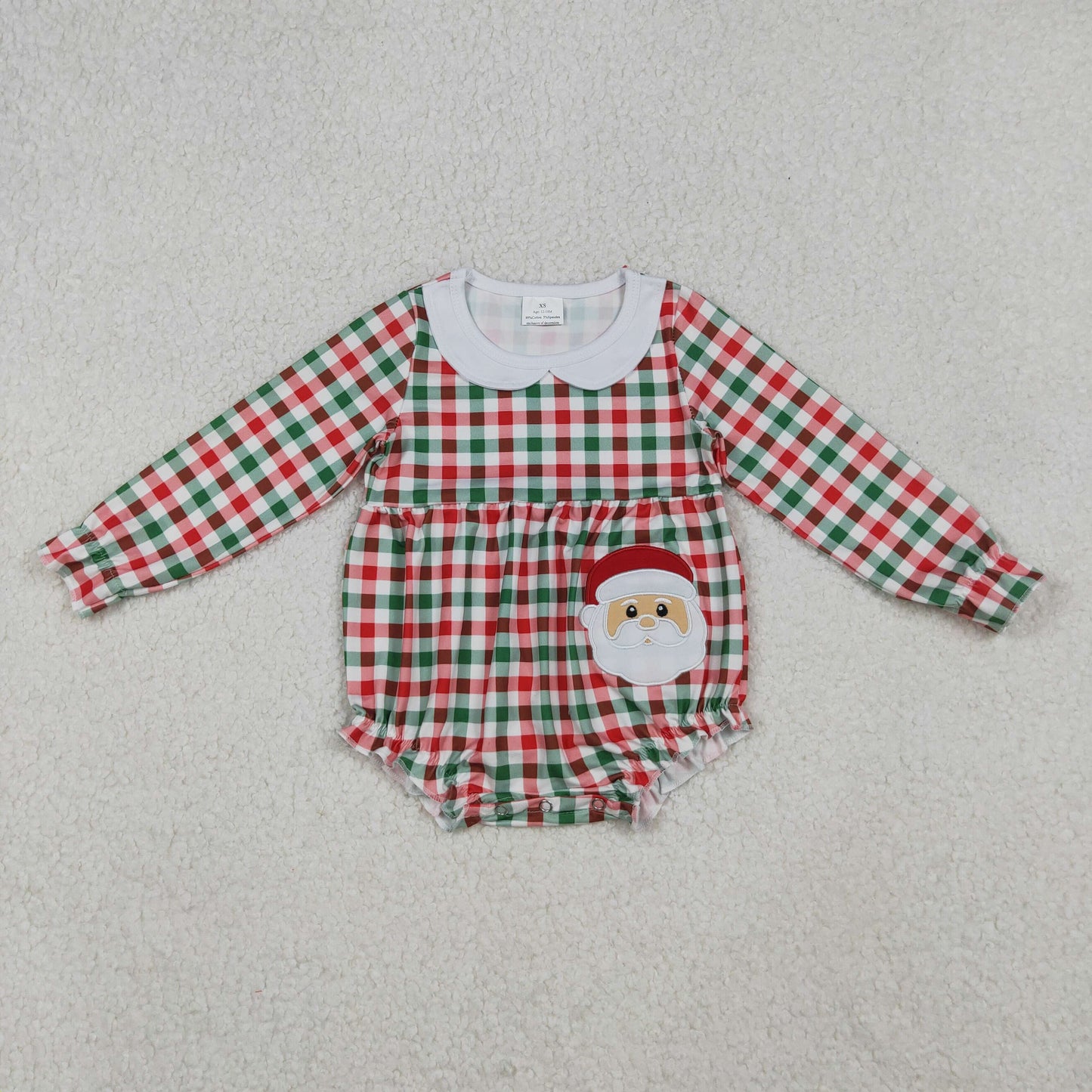 Baby Girl Long Sleeves Embroidery Santa Plaid Christmas Bubble Romper RTS
