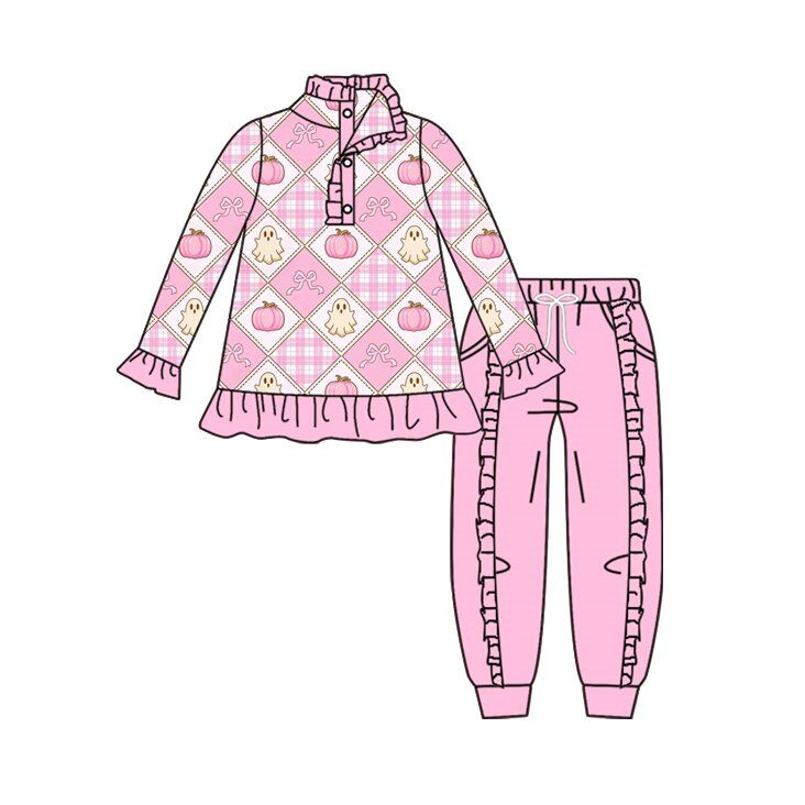( Moq 5 ) Preorder Baby Girls Kids Ghosts Pumpkins Bows Pullover Pink Pockets Pants Halloween Set Clothes