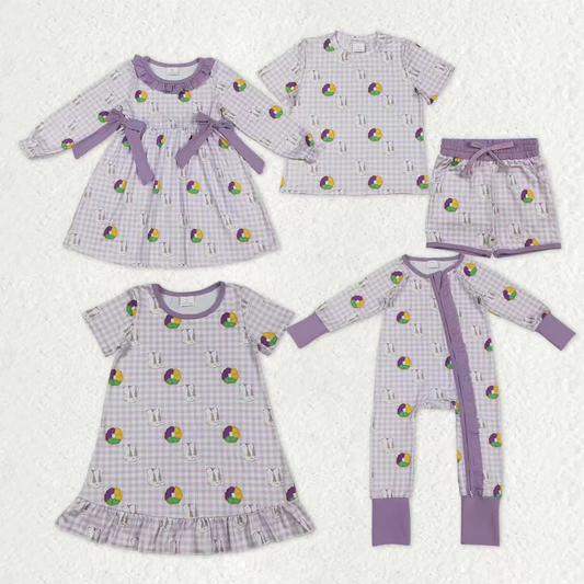 Sibling Baby Girls Kids Donuts Boots Mardi Gras Zipper Romper Dress Set RTS
