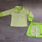 ( No moq ) Preorder Baby Girls Kids Green Stripes Zipper Pullover Shorts Yoga Active Set Clothes