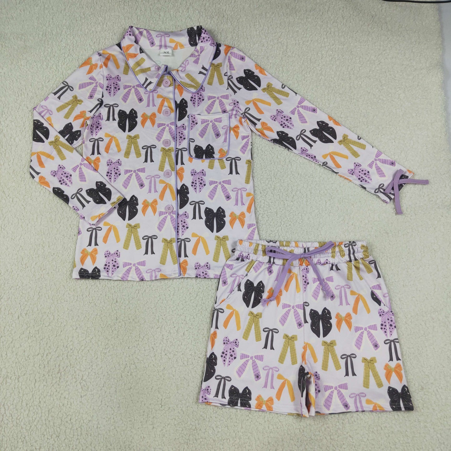 Adult Women Halloween Bows Buttons Tops Pockets Shorts Pajamas Purple Set RTS